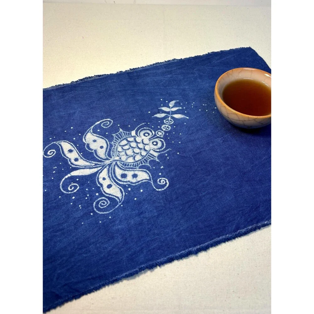 Handmade Indigo Batik Goldfish Tea Mat, Chinese Textile Placemat, Hand-Dyed